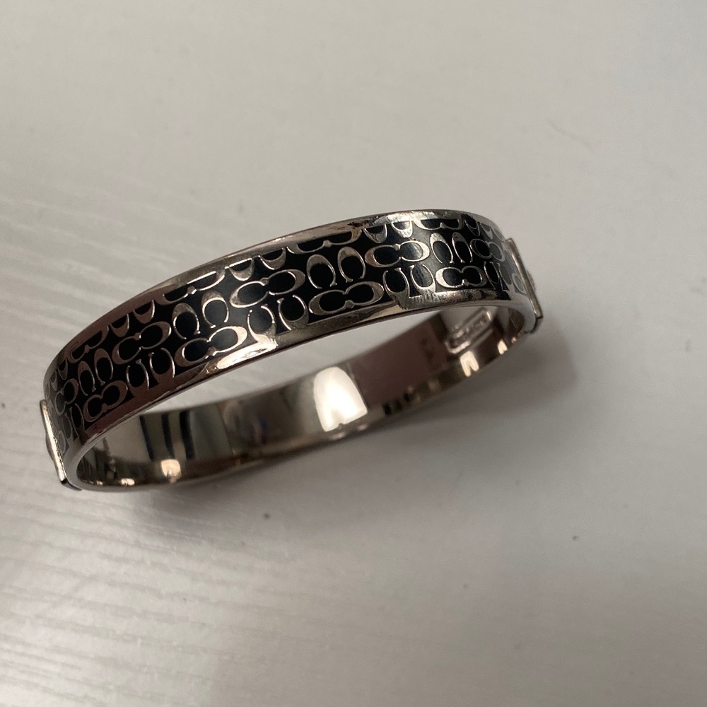 Coach Signature C Bangle Bracelet Black Silver